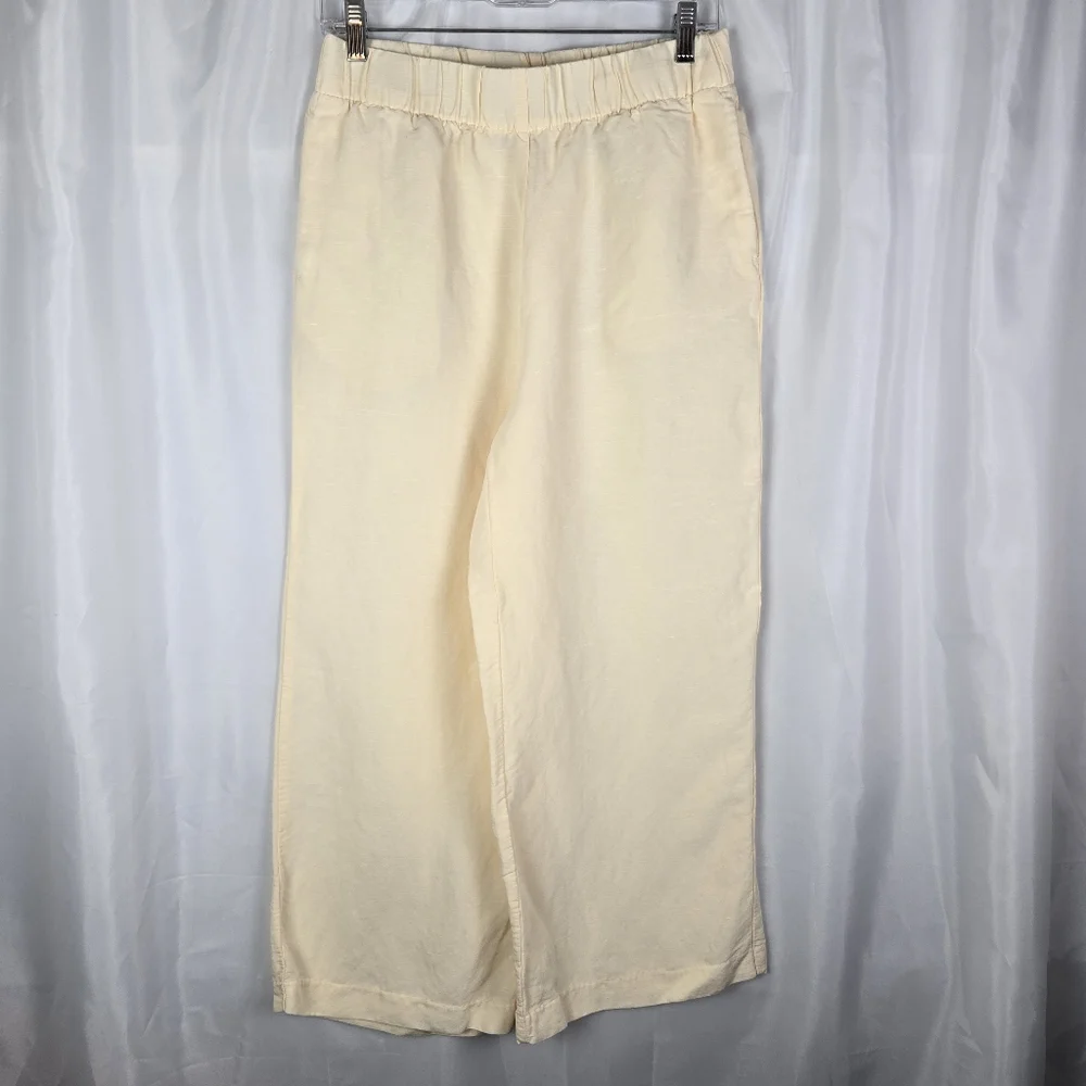 H&M Womens Linen Blend Light Yellow Wide Leg Cropped Pants Size Small